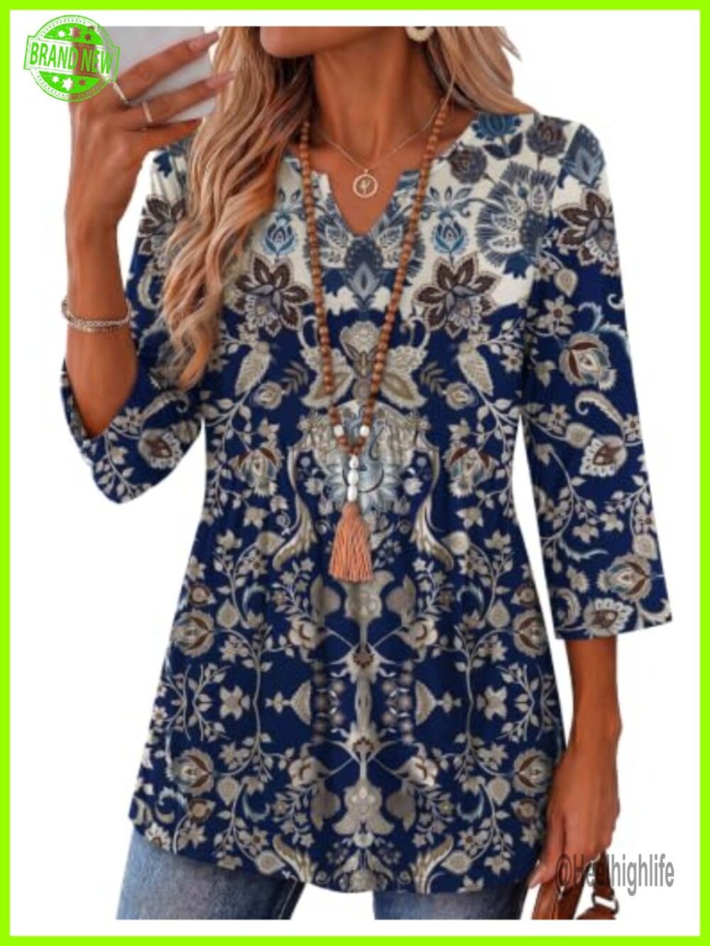Zeagoo Womens 3/4 Sleeve V Neck Ruched Tunic Top Flowy Blouse
